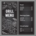 Grill menu two page design template with list of meat, fish and burgers. Outline vector hand drawn sketch illustration